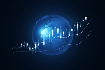 Poster - Glowing blue business chart hologram with globe on blurry background. Stock, trade and finance concept. 3D Rendering.