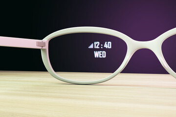 Aufkleber - Close up of augmented reality glasses on wooden desk and purple backdrop. Technology and future concept. 3D Rendering.