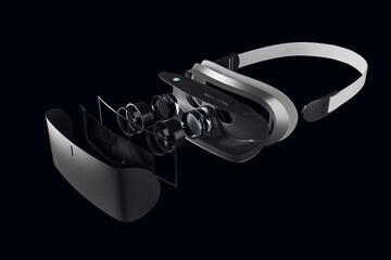 Aufkleber - Demounted VR glasses on black background. Repairs, maintenance and technology concept. 3D Rendering.
