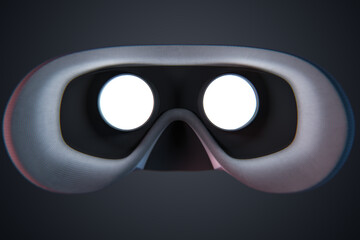 Poster - Close up of rear inside view abstract VR glasses on blurry gray background. White mock up place. Device and augmented reality concept. 3D Rendering.