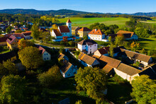 Autumnal Aerial Landscape Of Czech Village Cakov With Church Of Saint Leonard In Autumn Day