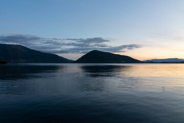 Rosendal sunset view, Norwegian fjords mountain picturesque landscape, Norway.