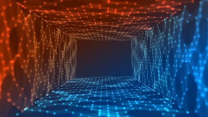 Poster - Animated background logo frame, icon. Design a moving tunnel of fire and ice. The texture of glowing neon connecting lines, triangles, dots. Living walls. Outer space. The Milky Way. Shards of glass. 