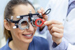 Ophthalmologist examining woman with optometrist trial frame. female patient to check vision in ophthalmological clinic