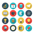 © Yellow duck - set of education on circles and integrate flat icons. colorful school knowledge sign collection with long shadow. vector illustration in flat style modern design.