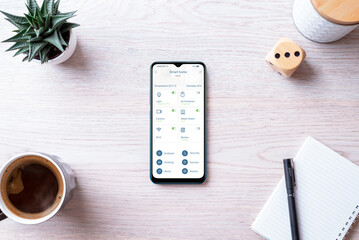 Poster - Home automation control app concept on smart phone. Monitoring and control system app with modern interface. Top view, flat lay desk composition