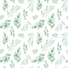 Watercolor Seamless Pattern Green Branches, Eucalyptus, Berries. Isolated On White Background. Hand Drawn Clipart. Perfect For Card, Fabric, Tags, Invitation, Printing, Wrapping.