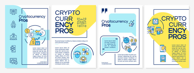 Crypto-currency advantages blue and yellow brochure template. Virtual currency. Leaflet design with linear icons. 4 vector layouts for presentation, annual reports. Questrial, Lato-Regular fonts used