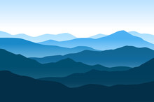 Vector Blue Landscape With Silhouettes Of Mountains And Hills