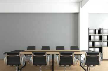 Wall Mural - Minimalist meeting room with gray wall and wood floor. 3d rendering
