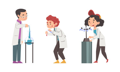 Poster - Children scientists in white lab coats doing scientific research in laboratory equipment set cartoon vector illustration