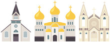 Temple Buildings Of Various Religions. Old Catholic Church. Orthodox Classic Cathedral Illustration. Religious Building In Style Of Ancient Architecture, Traditional Prayer House With Cross On Roof