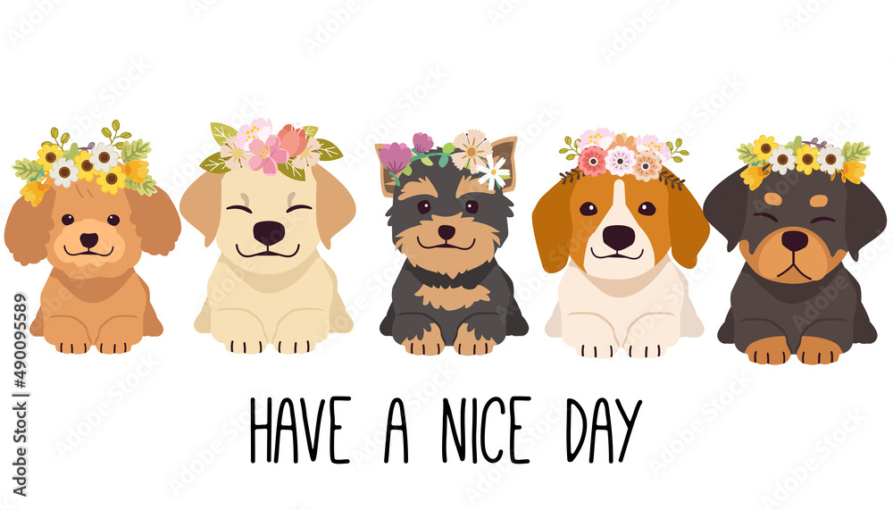The character of cute dog wear a flower crown in flat vector style ...