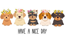 The Character Of Cute Dog Wear A Flower Crown In Flat Vector Style. Illustration About Dog And Floral Or Flower Crown.