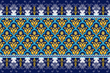 Yellow Flower On Navy Blue, White Geometric Ethnic Oriental Pattern Traditional Design For Background,carpet,wallpaper,clothing,wrapping,Batik,fabric, Illustration Embroidery Style