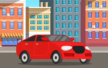 Wall Mural - Modern car yellow sedan drive on road in city street against tall buildings on carriageway. Urban landscape auto road vector vehicle transportation. Car tourism, family auto trip, automobile transport