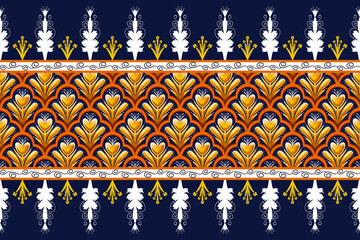 Wall Mural - Yellow Flower on Navy Blue, White, Orange Geometric ethnic oriental pattern traditional Design for background,carpet,wallpaper,clothing,wrapping,Batik,fabric, illustration embroidery style