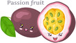 Cute passion fruit sticker kawaii icon design. Adorable cute charming tropical fruit with positive emotions, event or very pleasant situation, japanese culture symbol anime, innocence and childishness