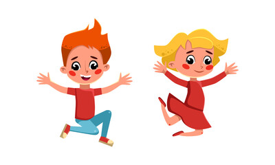 Canvas Print - Happy girl and boy happily jumping. Funny kids having fun cartoon vector illustration