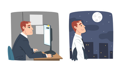 Wall Mural - People daily routine set. Businessman working on computer in office and walking after work at night cartoon vector illustration