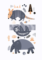  Set of cute animals and plants of America. Decorative handmade poster for print. Isolated icons in scandinavian style. Vector illustration.