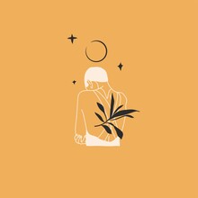 Hand Drawn Vector Abstract Stock Flat Graphic Illustration With Logo Element,bohemian Astrology Magic Art Of Mystic Astronomy Line Girl,stars And Leaves Silhouette,simple Style For Branding.