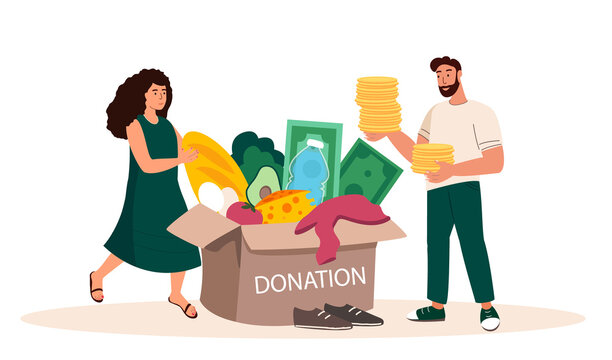 People donating money,products,attention,food,clothing, shoes.Humanitarian aid,Charity,support and donation concept.Charitable help.Philanthropy.Flat vector illustrations isolated white background