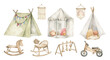 Watercolor baby furniture for the nursery. Tent for playing, rocking horse, baby gym, bicycle. Children's room interior elements
