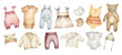 Watercolor children's clothing elements. Pants, sweater, shirt, jumpsuit, hat, socks, dress, pajamas