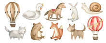 Watercolor Cute Toys, Animals. Balloon, Cat, Swan, Bear, Rocking Horse, Fox, Hare, Dog, Snail Isolated On White