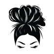 Hand-drawn girl with messy hairstyle - hair bun. Mom lifestyle clip art for prints