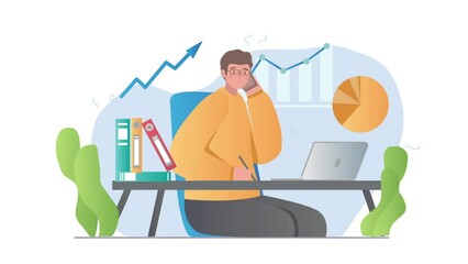 Poster - business and entrepreneurship video concept. moving man sitting at his workplace, talking on phone a