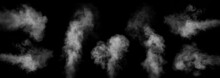 A Set Of Seven Different Types Of Swirling, Writhing Smoke, Steam Isolated On A Black Background For Overlaying