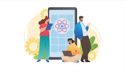 Poster - mobile app development process video concept. react native. moving men and women with devices stand 