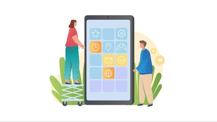 Poster - mobile app development process video concept. user interface. moving man and woman create icons for 