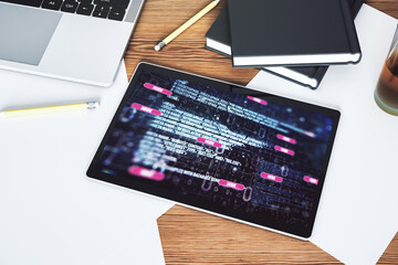 Poster - Modern digital tablet screen with abstract graphic coding sketch, big data and networking concept. Top view. 3D Rendering