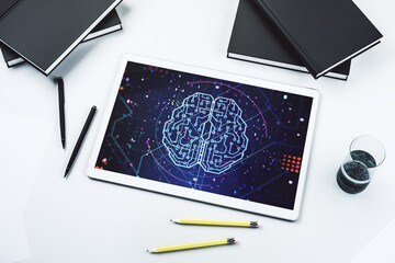 Aufkleber - Top view of modern digital tablet screen with creative human brain microcircuit. Future technology and AI concept. 3D Rendering