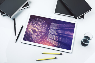 Poster - Creative code skull hologram on modern digital tablet display, cybercrime and hacking concept. Top view. 3D Rendering