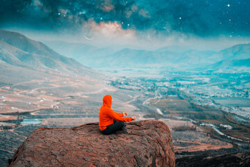 Wall Mural - person sitting on the top of the mountain meditating over the valley under starry night with milky w