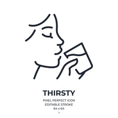 Wall Mural - Woman drinking a glass of water. Thirsty concept editable stroke outline icon isolated on white background flat vector illustration. Pixel perfect. 64 x 64.