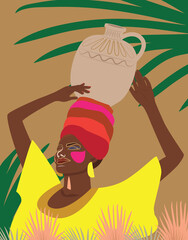 Poster - Illustration of an African female in a traditional turban holding a jug on her head