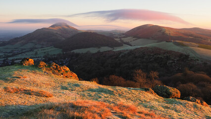 Sticker - Landscape view of Caer Caradoc, Shropshire, England during sunset