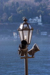 Sticker - Vertical shot of a street light in the background of the lake.