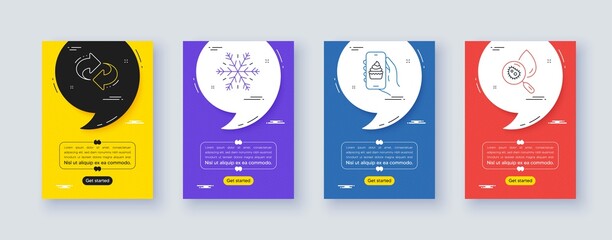 Poster - Set of Food app, Air conditioning and Refresh line icons. Poster offer frame with quote, comma. Include Water analysis icons. For web, application. Smartphone cake, Snowflake, Rotation. Vector