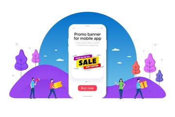 Sale 50 percent off banner. Phone ui interface banner. Discount sticker shape. Hot offer icon. Mobile smartphone promo banner. Sale 50% tag. Man with gift box. Vector