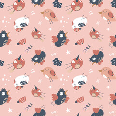 Wall Mural - Cute birds seamless pattern in organic style