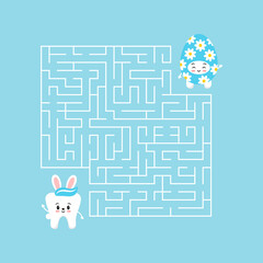 Easter tooth kids maze game activity. Help cute teeth boy with bunny rabbit ears to find right way to his friend easter egg in labyrinth. Vector flat design kid puzzle illustration.