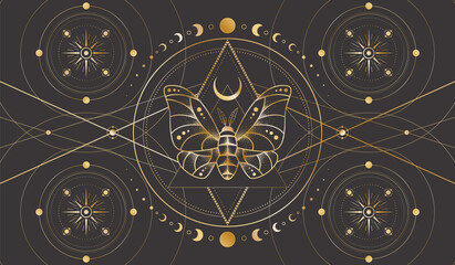 Wall Mural - mystic celestial background with a golden outline insect, stars with radial circles, moon phases and