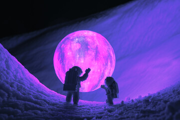 Wall Mural - silhouettes of the toys of astronauts against levitating glowing sphere over surface icy planet cove