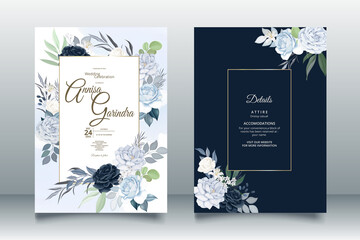 Beautiful navy blue floral frame wedding invitation card template Premium Vector